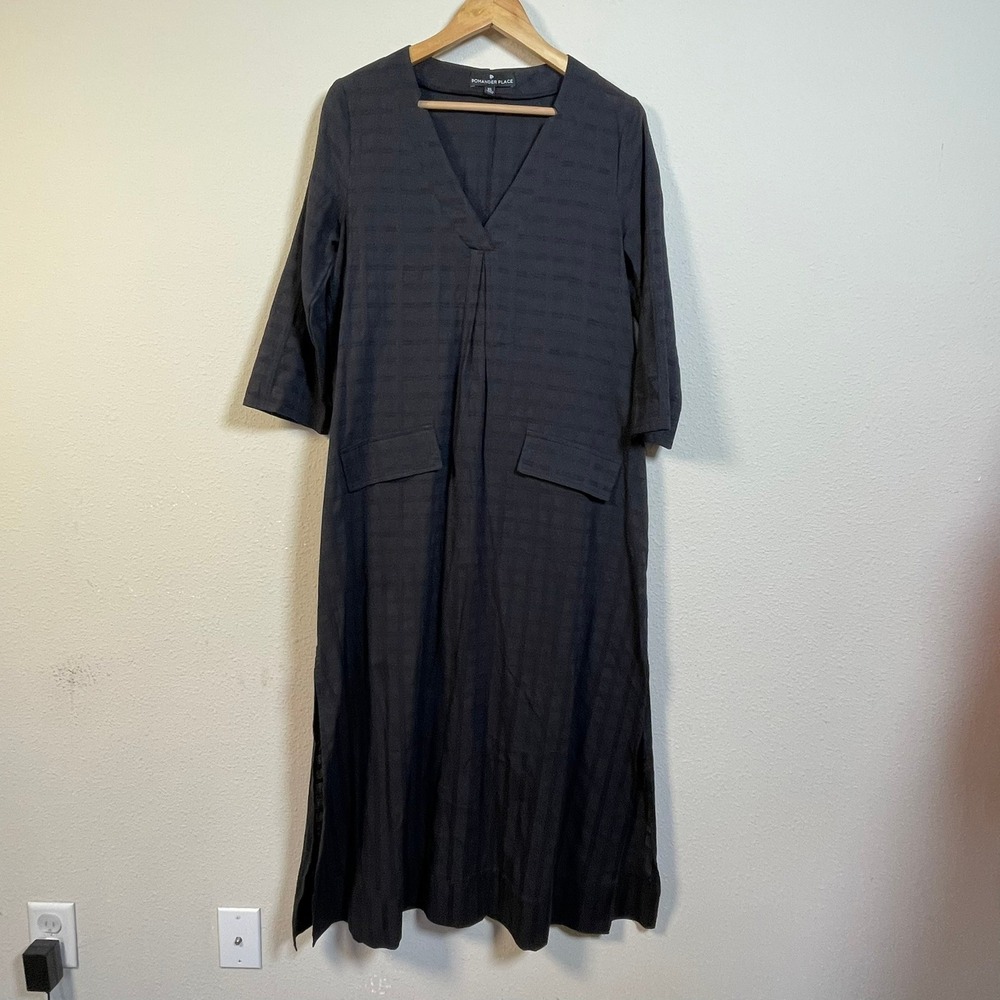 Pomander Place Grid Textured Lagenlook Maxi Dress XS Black 3/4 Sleeve Casual
